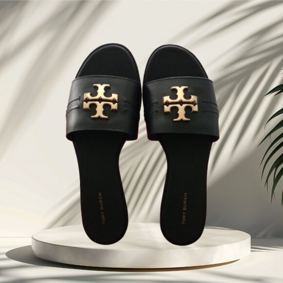 TORY BURCH EVERLY BLACK LEATHER HARDWARE LOGO W/BOX DUSTBAG SANDALS SLIDES 8 - Picture 2 of 9